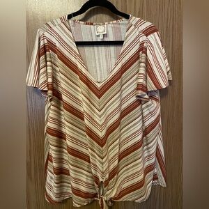 Striped V-Neck Tie-Front Women’s Top in Rust and Cream